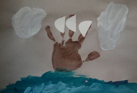 Handprint sailboat Mayflower Crafts, Mayflower Craft, Thanksgiving Crafts For Kids Preschool, Crafts For Kids Preschool, November Crafts, Footprint Crafts, The Mayflower, Thanksgiving Craft, Thanksgiving Preschool