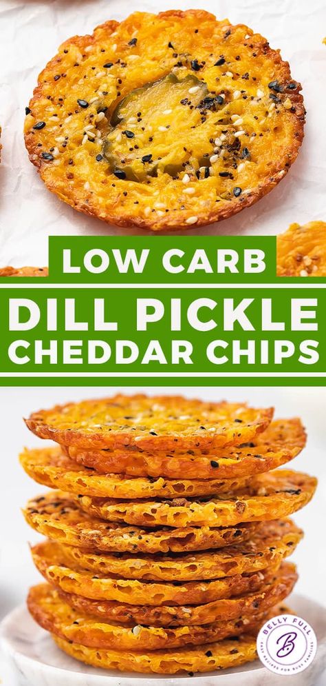 Made with just 3 ingredients, these Dill Pickle Cheddar Cheese Chips are an easy, low carb snack idea. They're a nice alternative to potato chips when that salty craving hits - ready in 15 minutes. Low Carb Veggie Chips, Pickle Flavored Snacks, Ready Made Snack Ideas, Low Calorie Chip Alternative, Dill Pickle Bites, Pickel Cheese Chips, Dehydrated Pickle Chips, Keto Chip Alternative, Homemade Cheese Chips