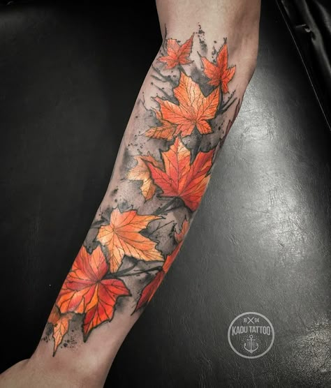 Autumn Leaves Tattoo Black, Fall Tattoo Sleeve, Maple Leaves Tattoo, Fall Tattoo Ideas Autumn, Maple Leaf Tattoos, Fall Leaves Tattoo, Halloween Tattoos Sleeve, Cool Animal Tattoos, Nature Tattoo Sleeve