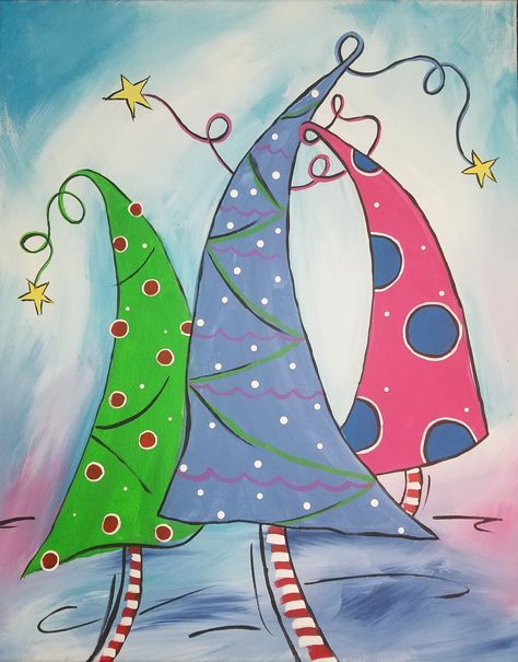 Whimsical Christmas trees. Cute and easy. Great for a painting party.  Painted on canvas with acrylic paint. Painted by Johnny McNabb art Whimsy Christmas, Whimsical Christmas Tree, Christmas Tree Canvas, Christmas Tree Drawing, Tree Painting Canvas, Whimsical Christmas Trees, Watercolor Christmas Tree, Christmas Paintings On Canvas, Christmas Tree Art