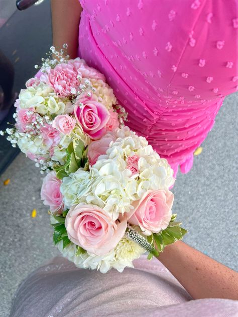 #barbie #flowers #bouquet #girlpower #hoco Colorful Hoco Flowers, Light Pink Flower Bouquet Prom, Baby Pink Prom Bouquet, Cute Prom Bouquet, Light Pink Flower Bouquet Hoco, Flower Prom Bouquets, Prom Bouquet Ideas Pink Dress, Pink Bouquet Flowers Prom, Pink And White Hoco Bouquet