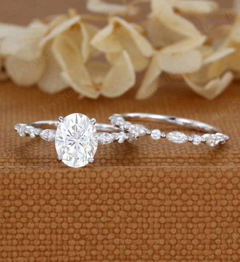 2ct Oval Moissanite Engagement Ring Set Unique White Gold Cluster Engagement Ring Vintage Marquise Wedding Ring Bridal Set Anniversary Gift - Etsy Moisannite Engagement Rings White Gold, Wedding Ring Sets Stacked Simple, Wedding Ring And Band Sets Oval Diamond, Oval Engagement Ring Set Silver, Wedding Ring Silver Oval, Wedding Rings 3 Piece Set, Silver Engagement Rings With Wedding Band, Oval Moissanite Engagement Ring Set, Silver Moissanite Ring