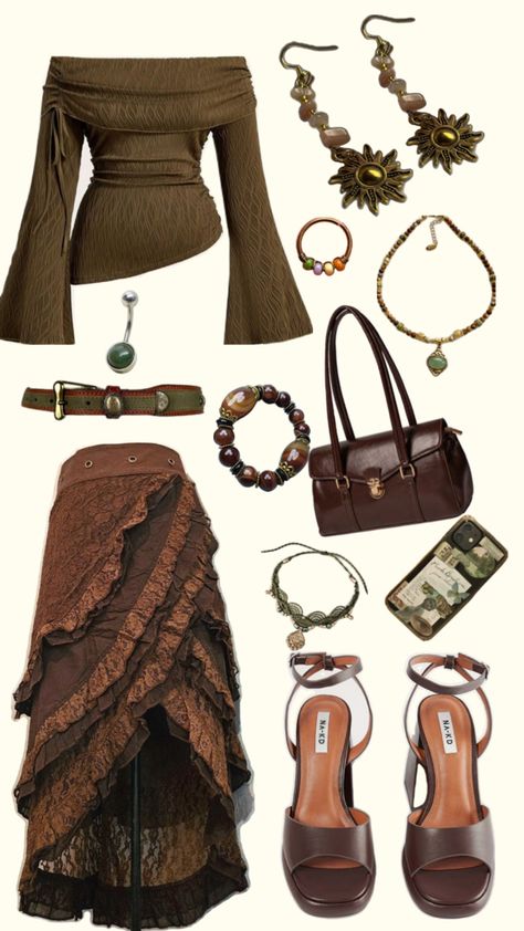 Earthy Spiritual outfit green brown hippie boho skirt crop top heels jewelry earrings Teachers Outfits, Olivia Dunne, Coachella Outfits, Mode Hippie, Earthy Outfits, Estilo Hippie, Hippie Style Clothing, Swaggy Outfits, Hippie Outfits