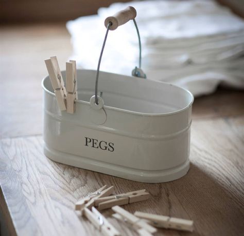 Peg Bucket Bucket Crafts, Peg Bag, Utility Storage, White Storage, Storage Buckets, Folding Clothes, Utility Rooms, Chalk White, Wooden Pegs