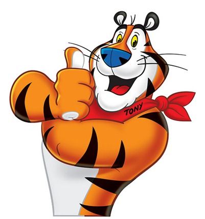 Tony the Tiger is the mascot for the Kellog's cereal Frosted Flakes. Tony the Tiger's catchphrase is "They're Grrreat" which is spelled out on the box just as it appears here. Originally Tony competed against three other potential mascots for Frosted Flakes. Katy the Kangaroo, Elmo the Elephant and Newt the Gnu (a gnu is pretty much the same thing as a wildebeest) were the his competition. Within a year the other three were dropped (Katy being the only one to actually appear on a cereal box... Kellogs Cereal, Tony The Tiger, Cartoon Network Characters, Speculative Design, Year Of The Tiger, Catch Phrase, Newt, Butterfly Wallpaper, The Tiger