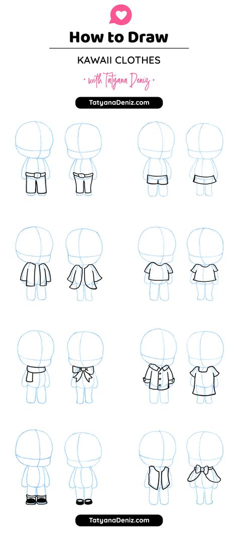 How to draw kawaii clothes Chibi Eyes Side View, Chibi Base With Hair, Chibi Art Style Clothes, Kawaii Body Tutorial, How To Draw Anime Clothes Step By Step, How To Draw Mini Characters, Chibi Clothes Drawing, Kawaii How To Draw, How To Draw A Chibi Body Step By Step