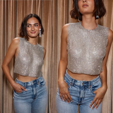 Bejeweled Top Outfit, Sequin Top Jeans Outfit, Silver Top With Jeans, Silver Mesh Top Outfit, Studded Tank Top, Going Out Tops For Big Bust, Sparkly Top Outfit Party, Metallic Shirt Outfit, Silver Concert Outfit