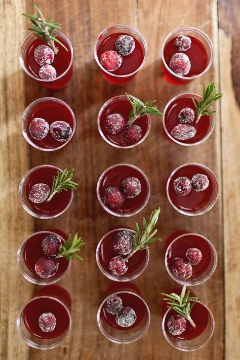 These beautiful burgundy shots, topped with pretty sugared cranberries, are ideal for a sophisticated Christmas party with a modern twist.  Get the recipe from A Beautiful Mess.   - Delish.com Cranberry Jello Shots, Holiday Jello Shots, Cranberry Jello, Jelly Shots, Pudding Shots, Jello Shot Recipes, Jello Shot, Shot Recipes, Festa Party