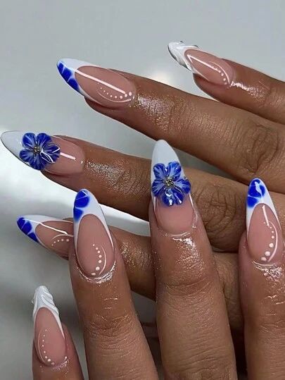 Almond French Tip, Gel French Tips, Blue And White Nails, French Tip Press On Nails, 3d Flower Nails, Retro Nails, Red Heart Patterns, Press On Nails Medium, Nail Blue