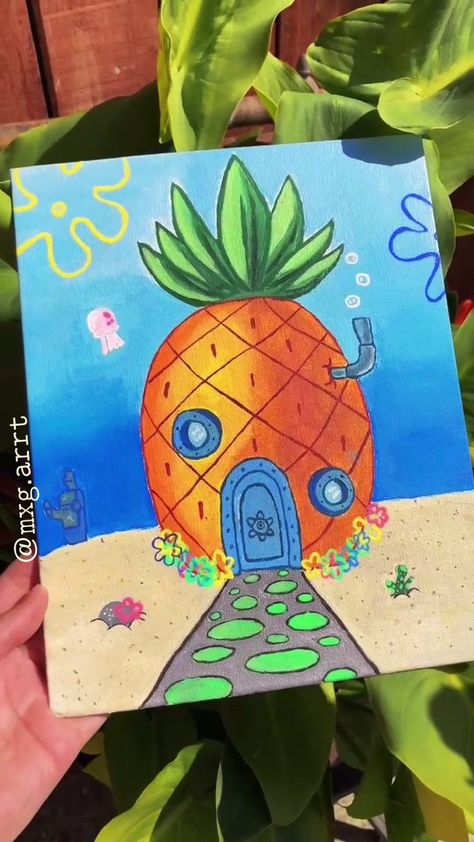 𝐶𝑎𝑛𝑣𝑎𝑠 𝑃𝑎𝑖𝑛𝑡𝑖𝑛𝑔 🎨 Spongebob House, Disney Canvas Paintings, House In Minecraft, Diy Canvas Art Easy, Cute Easy Paintings, Spongebob Painting, Canvas Art Projects, Art Painting Tools, Hippie Painting