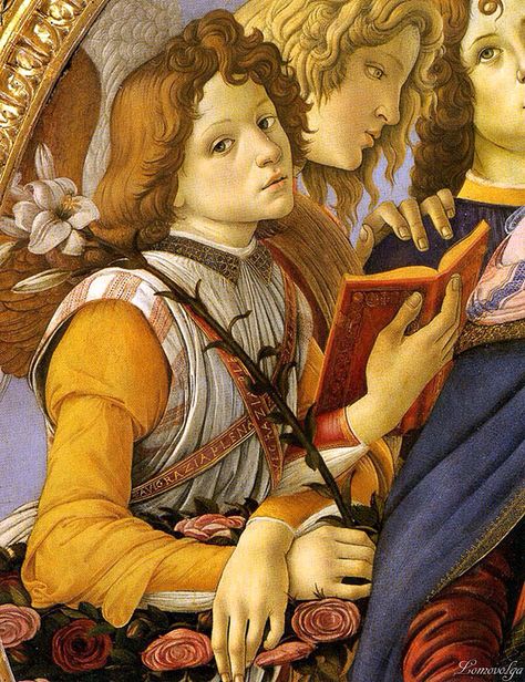 Angel with embroidered stole, detail from Madonna of the Pomegranate, by Sandro Botticelli, 1487. Tempera on wood | Uffizi, Florence