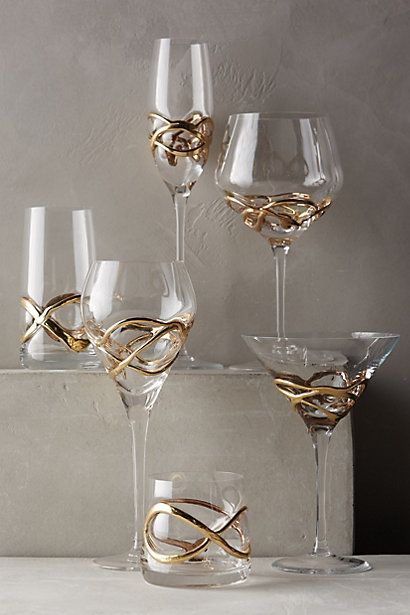 Glimmer-Wrapped Glassware -#FunctionalArt anthropologie.com Assiette Design, Gold Decorations, Desain Pantry, Crystal Glassware, Kitchen Collection, Dinner Sets, Stemware, Home Decor Kitchen, تصميم داخلي