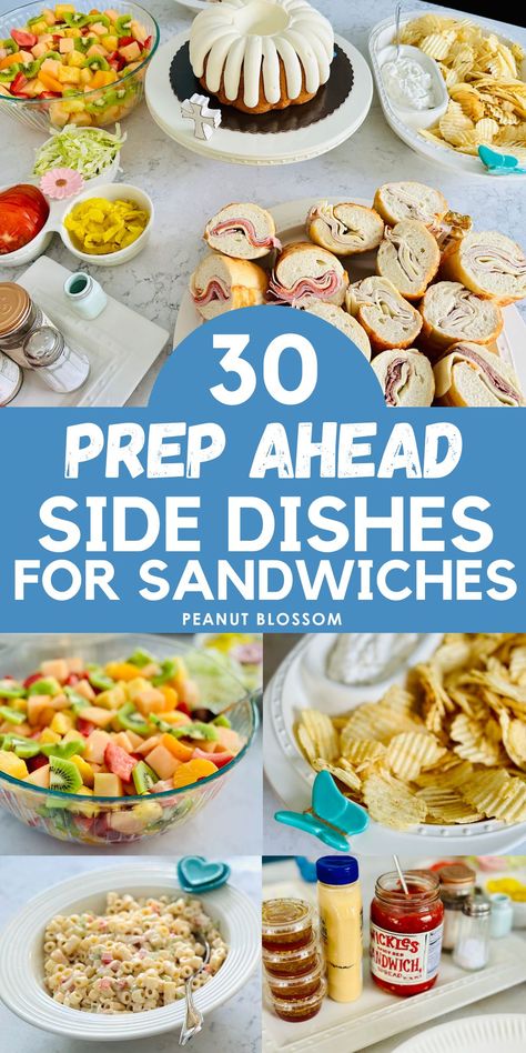 Order a big party sub or a party sandwich platter and then just prep ahead these easy side dishes for sandwiches to fill out your menu. This is a great easy buffet to serve for a graduation party or open house event. Work Party Lunch Ideas, What To Serve With Subs At A Party, Light Lunch Buffet Ideas, What To Serve At A Party, Sandwich Station Party, Make Your Own Sandwich Platter, Sub Station For Party, Party Sandwiches Platter, Sides To Go With Sandwiches Parties