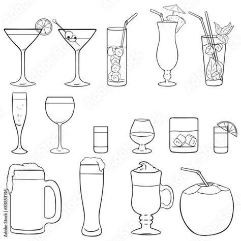 Coctail Tattoo Design, Cocktail Tattoo, Tattoo Bar, 심플한 그림, Cocktail Illustration, Sketch Icon, Alcohol Drinks, Chalk Markers, Bullet Journal Doodles