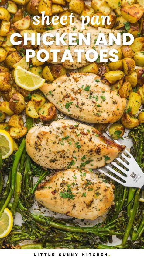 This sheet pan dinner is made with roasted chicken, potatoes, and broccoli coated in a butter lemon garlic sauce. Ready in under 1 hour with easy clean up too! Oven Roasted Chicken And Broccoli, Garlic Parmesan Sheet Pan Chicken And Veggies, Lemon Garlic Chicken Sheet Pan, Sheet Pan Lemon Garlic Chicken, Lemon Chicken Sheet Pan Dinner, Sheet Pan Lemon Chicken And Potatoes, Lemon Roasted Chicken And Potatoes, Lemon Chicken And Potatoes In Oven, Chicken Breast Sheet Pan Dinner