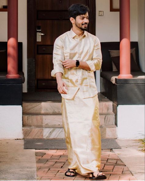 Pancha Outfits Men, Lungi Outfits For Men, Lungi Poses Men, Dhoti Shirt For Men, Veshti Sattai Men Tamil Wedding, Groom Dress Men Indian For Marriage, Lungi Mens Indian, Marrage Dress, Men Photoshoot Poses Outdoor