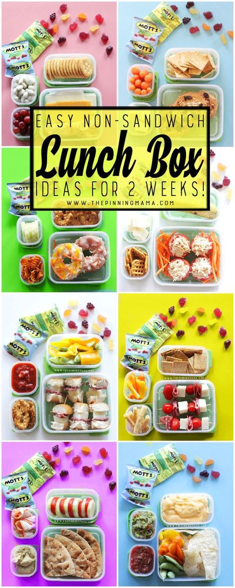 No more boring lunch boxes that are the same day after day!  Find 10 complete easy lunch box ideas – that’s two whole school weeks- of unique and wholesome school lunch ideas that are f… The Pinning Mama, Bistro Box, Non Sandwich Lunches, Kindergarten Lunch, Preschool Lunch, Kid Lunches, Healthy School Snacks, Box Lunches, Lunch Box Bento