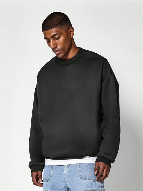 Oversized Fit Sweatshirt With Side Pockets Black Casual  Long Sleeve Knitted Fabric Plain Pullovers Slight Stretch  Men Clothing, size features are:Bust: ,Length: ,Sleeve Length: Plain Black Sweatshirt, Layered Hoodie, Men Sweatshirts, Breast Tape Lift, Printed Sleeveless Top, Black Sweatshirt, Couple Matching, Dark Jeans, Black Party