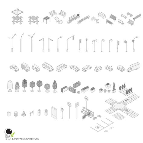 Isometric Urban Furniture Kit (.ai and .psd) on Behance Isometric Sketch, Axonometric View, Architecture Design Presentation, Store Architecture, Axonometric Drawing, Illustration Landscape, Urban Design Concept, Isometric Drawing, Desain Editorial