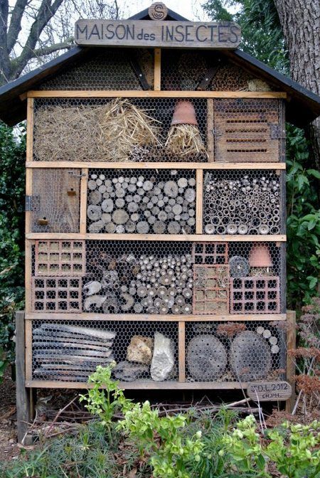 Did you know that not all bees live in colonies or build hives in which to live and nest?  Many bee species are solitary – they live alone and build their nests in tiny places like hollow stems and holes in wood.  Though they do not make honey, solitary bees are absolutely necessary as pollinators of crops … Mason Bee House, Bee Houses, Bee Hotel, Insect Hotel, Bug Hotel, Mason Bees, Bee House, Garden Insects, Bee Garden