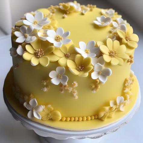 Simple Fondant Cake Birthday, Yellow Cake Designs Birthday, Yellow And White Cake, 13 Birthday Cake, Beautiful Cake Designs, Simple Cake Designs, Cake Decorating Piping, Creative Cake Decorating, Simple Cake