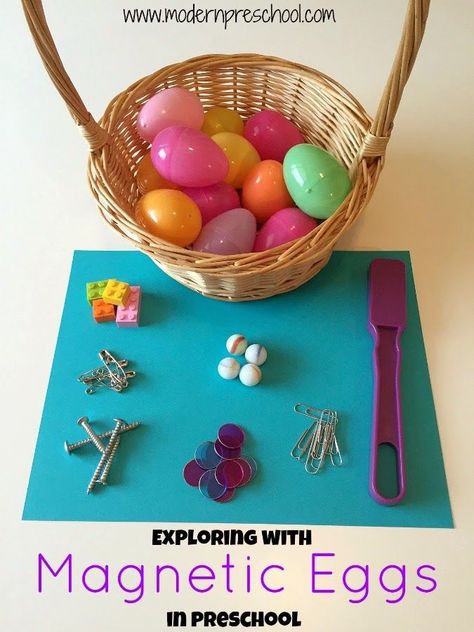 Fun center idea to help students explore magnets. Place small magnetic and non magnetic items inside the egg and have students use a magnetic wand to determine which egg is magnetic. Easter Science, April Preschool, Preschool Easter, Easter Week, Easter Preschool, Easter Activities For Kids, Spring Preschool, Easter Projects, Plastic Eggs