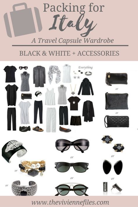 What to pack for travel to Italy; a travel capsule wardrobe in black and white What To Wear In Italy, Pack For Travel, Italy Travel Outfit, Travel To Italy, Packing Guide, Travel Capsule Wardrobe, Travel Capsule, Essential Accessories, Wardrobe Planning