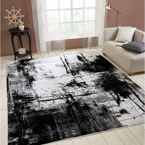 Etta Avenue™ Ambrose Gray/Gold/Black Rug & Reviews | Wayfair Abstract Rug Design, Black And White Living Room, Grey And White Rug, Rug Designs, Gray Area Rug, Black Rug, Abstract Rug, Cool Rugs, White Rug