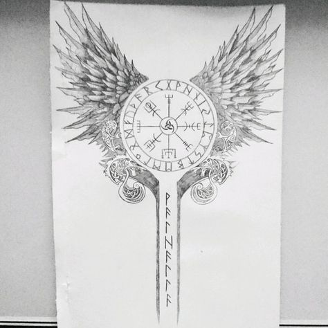 Tattoo design made for my cousin #tattoo #tatts #tatouage #design #viking #valkyries #celtic #raven #crow #wolf #runes #blacandgrey #odin #drawing #draw #dessin #tattooofday #tattoooftheday #tattooist #tattoed #tattooboy #tattoogirl Viking Tattoo Meaning, Chinese Tattoo Designs, Valkyrie Tattoo, Viking Tattoo Symbol, Viking Tattoo Sleeve, Vikings Tattoo, Rune Tattoo, Norse Symbols, Norse Tattoo