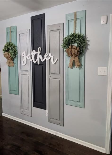 House Design Aesthetic, House Party Aesthetic, Shutter Wall Decor, Farmhouse Shutters, Tide Pods, Aesthetic House, Hallway Wall Decor, Dining Room Wall, Party Aesthetic