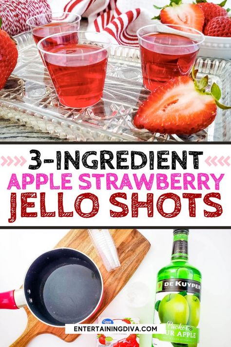 Made with Sour Apple Pucker, apple juice and strawberry gelatin, these apple strawberry jello shots are super easy to make and so tasty! Green Apple Jello Shots, Apple Jello Shots, Holiday Jello Shots, Hot Apple Juice, Strawberry Jello Shots, Sour Apple Pucker, Christmas Jello Shots, Best Jello Shots, Jello Shots Recipe