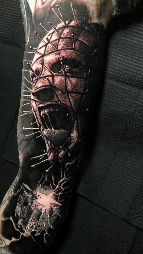 Sci Fi Tattoos, Pinhead Tattoo, Horror Collage, Backpiece Tattoo, Horror Movie Tattoos, Browning Tattoo, Skull Sleeve Tattoos, Evil Tattoos, Movie Tattoo