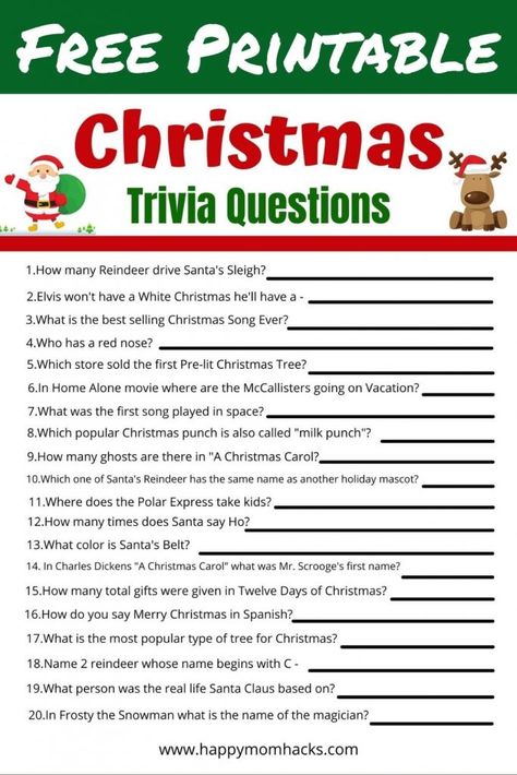 Fun Family Christmas Quiz Questions & Answers -Free Printable | Happy Mom Hacks Christmas Quizzes, Christmas Quiz Questions, Christmas Trivia Quiz, Christmas Trivia Questions, Christmas Eve Games, Christmas Questions, Christmas Trivia Games, Christmas Gift Games, Christmas Party Activities