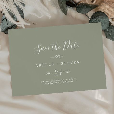 Minimal Leaf Sage Green Horizontal Save The Date #zazzle #weddinginvitations #birthdayinvitations #babyshowerinvitations #zazzleinvitations #monogram #businesscards #graduation #homedecor Save The Date Green, Funny Save The Dates, Rustic Wedding Save The Dates, Minimalist Mountain, Leaf Silhouette, Rustic Save The Dates, Modern Save The Dates, Sage Wedding, Floral Save The Dates