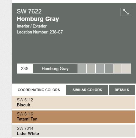 SW7622 Homburg Gray Sw Hamburg Gray, Sw Homburg Gray Exterior Paint, Homburg Grey Exterior, Homburg Gray Exterior, Homberg Grey, Sw Homburg Gray, Homburg Grey, Gray Wall Color Scheme, Homburg Gray