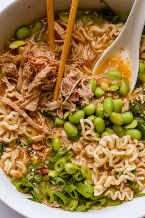 An easy recipe for creamy chicken ramen made from scratch and slow-cooked to perfection. I make this slow cooker ramen with chicken thighs, but you can use other chicken cuts in this recipe. You can also use this recipe with an instant pot or on the stovetop (directions for all methods are included). #slowcooker #crockpot #chicken #ramen Ramen Noodle Recipes Easy Crockpot, Crock Pot Chicken Ramen, Slow Cooker Chicken Ramen Recipes, Crockpot Ramen Recipes, Slow Cooker Ramen Recipes, Ramen Crockpot Recipes, Crockpot Chicken Ramen, Ramen Slow Cooker, Crock Pot Ramen