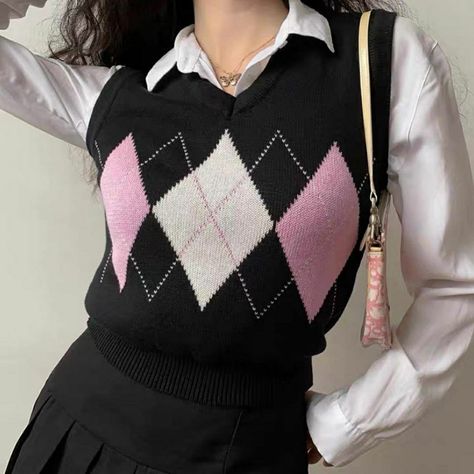 90s School, Argyle Vest, Argyle Sweater Vest, Knit Vest Pattern, Bodycon Dresses Casual, Fabric Swatch, Girl A, Argyle Sweater, Crop Top Blouse