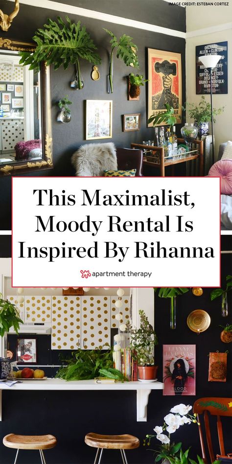 This moody, glam, maximalist apartment was inspired by Rihanna. | House Tours by Apartment Therapy #blackwalls #gallerywall #kitchencabinets #kitchenideas #polkadotdecor #decorideas #rentershacks #retnfriendlydecor #temporarydecor #maximalist Moody Eclectic Apartment, Neutral Maximalist Living Room, Moody Maximalist Decor Office, Black And White Maximalist Living Room, Organic Modern Maximalist, Edgy Home Decor Ideas Modern, Maximal Minimalism Decor, Black Maximalist Living Room, Moody Maximalist Apartment