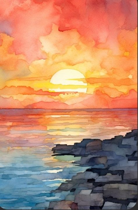 Sun Set Watercolor, Sunset Watercolour Painting, Pejzazi Art, Watercolor Sunset Paintings, Unique Watercolor Paintings Ideas, Watercolour Background Ideas, Watercolor Sunset Easy, Watercolour Landscape Easy, Easy Beach Painting For Beginners