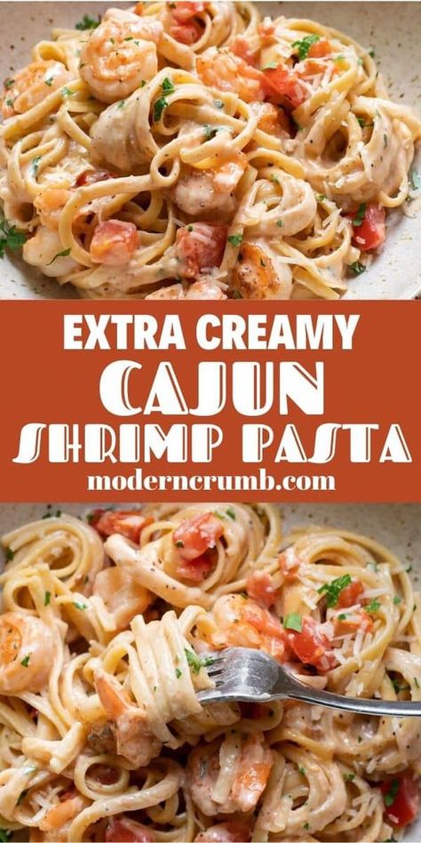 Rich and decadent creamy cajun shrimp pasta, emphasis on the decadent. Linguine swirled around a spicy cajun sauce, perfectly seasoned shrimp and tomatoes, topped with some fresh parmigiano reggiano. Shrimp Pasta With Tomatoes, Cajun Pasta Sauce, Cajun Seafood Pasta, Shrimp Linguine Recipe, Spicy Shrimp Pasta, Creamy Cajun Shrimp, Easy Shrimp Pasta, Shrimp Pasta Recipes Easy, Seasoned Shrimp