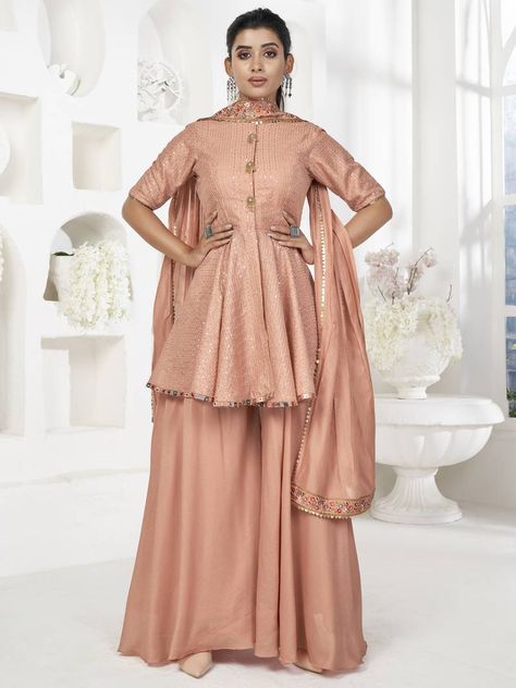 Banarasi silk salwar suit with peach sequin embroidery. (1 Top / 1 Bottom / 1 Dupatta) Indian Style Dress, Designer Palazzo, Indian Tunic Tops, Womens Bridesmaid Dresses, Indian Tunic, Salwar Dress, Gaun Fashion, Punjabi Dress, Sharara Suit