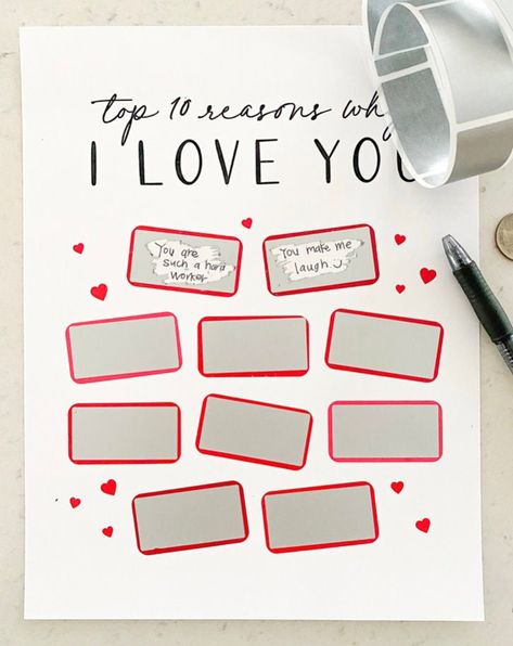 Valentine Scratch Off Ideas, Reasons Why I Love You Scrapbook, 10 Reasons Why I Love You, Scratch Book Ideas For Boyfriend, Scrapbook Of Love, Couple Scrapbook Cover, Valentines Scratch Off, Love Scrapbook Ideas, Love Scrapbook Boyfriend