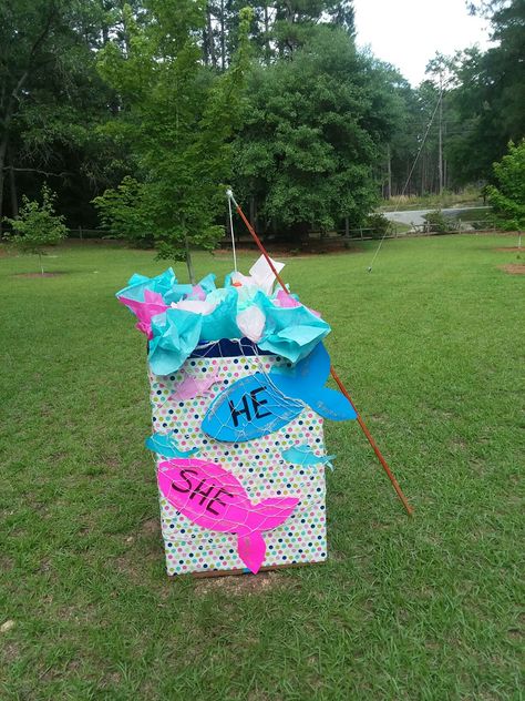 Gender Reveals At The Beach, Fish Gender Reveal Ideas For Party, Gender Reveal Ideas Pool Party, Bobber Or Bows Gender Reveal, Gender Reveal Ideas For Party Fishing, Fishe Or Fish Gender Reveal, Gender Reveal For Toddler Sibling, Fishe Or Fishe Gender Reveal Cake, Cute Gender Reveal Themes Summer