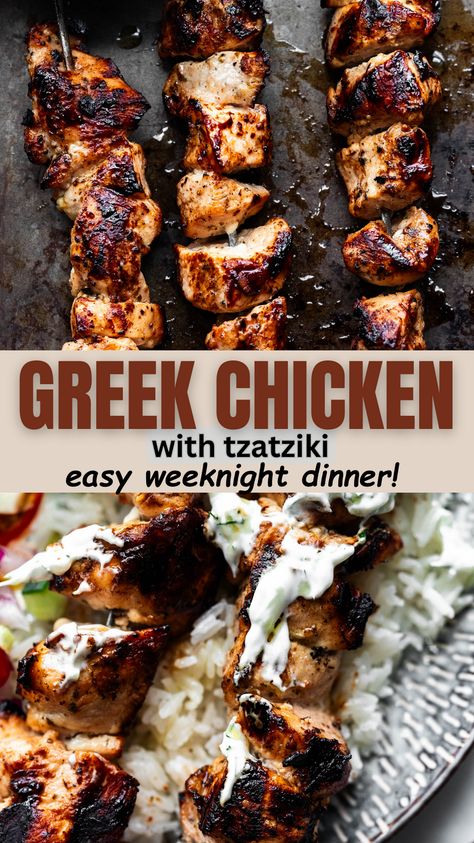 Greek Chicken with Tzatziki is an easy, grilled weeknight dinner that can be ready in about 30 minutes. It's so good, and perfect for the entire family! Greek Chicken Kebabs With Tzatziki Sauce, Grilled Chicken Skewers With Tzatziki, Greek Chicken Kabobs With Tzatziki, Tzatziki Sauce Chicken, Greek Chicken Feta, Blackstone Greek Chicken, What To Eat With Tzatziki, Tzatziki Chicken Recipe, Chicken And Taziki Sauce