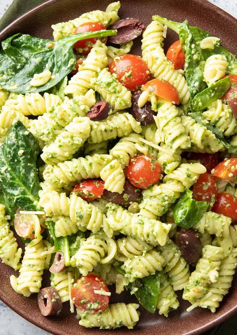 Basil Pesto Pasta Salad, Cesar Pasta Salad, Creamy Pesto Pasta Salad, Cold Pesto Pasta Salad, Beaming Baker, Spinach Pesto Pasta, Potluck Food, Broccoli Pasta Salads, Pasta Salad With Spinach