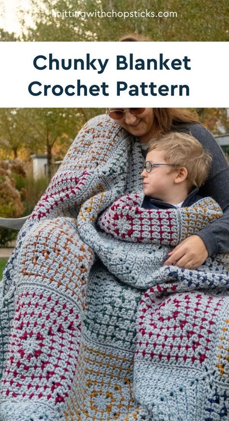 Crocheted Chunky Blanket, Modern Crochet Blanket Free Pattern, Masculine Granny Square Crochet, Manly Crochet Blanket, Crochet Blanket Patterns For Men, 3 Color Granny Square, Queen Size Crochet Blanket, Scrap Crochet Blanket, Chunky Granny Square Blanket