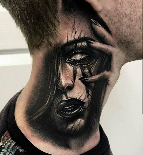 Womans Portrait, Hals Tattoo Mann, Best Neck Tattoos, Chicano Tattoos Sleeve, Throat Tattoo, Evil Tattoos, Scary Tattoos, Neck Tattoo For Guys, Tatuaje A Color