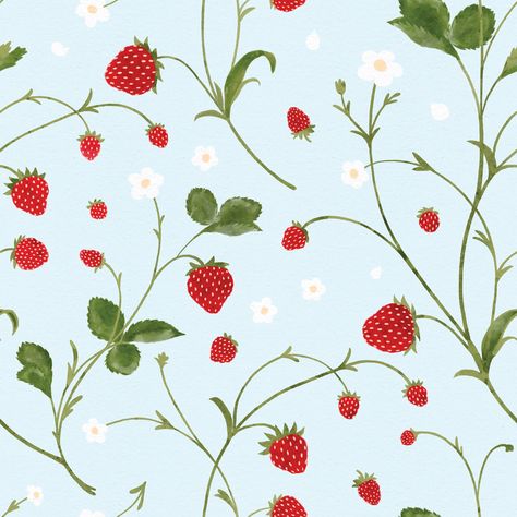 Wild Strawberries (Alice Blue Background) – Romantic Pattern with Red Berries and White Flowers , Raspberry Creek Fabrics Red And White Wallpaper, Romantic Pattern, Realistic Watercolor, Strawberry Summer, Strawberry Flower, Alice Blue, Wild Strawberries, Nursery Colors, Red Strawberry