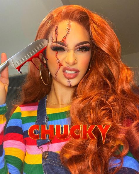 Chucky Halloween Costume Makeup, Halloween Costumes With Copper Hair, Halloween Chucky Makeup, Cute Chucky Makeup, Tiffany Halloween Makeup, Halloween Costumes Tiffany, Chuckys Bride Makeup, Chucky Costume Makeup, Girl Chucky Makeup