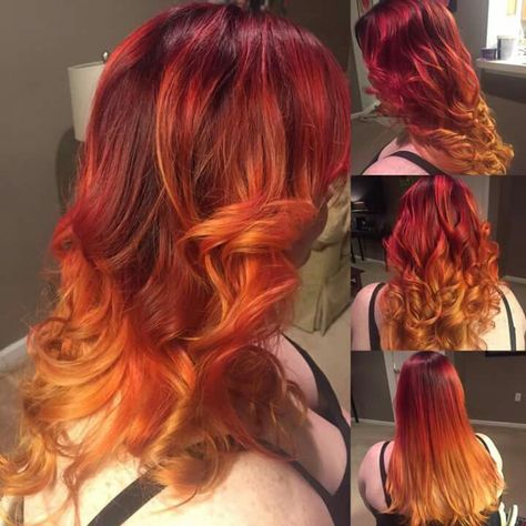 Fire Hair Aesthetic, Fire Hair Color Ombre, Red And Orange Ombre Hair, Fire Ombre Hair Short, Red To Orange Ombre Hair, Fire Hair Dye, Calcifer Cosplay, Sunset Ombre Hair, Red And Yellow Hair